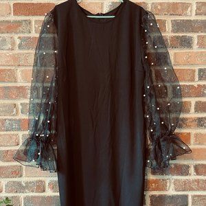 Pearl Beading Mesh Sleeve Pencil Dress